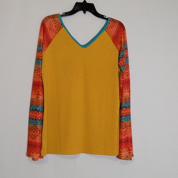 ROWDY CROWD CLOTHING Yellow Gold Long Sleeve Stretchy Rib Knit Aztec Top; Size L - Picture 3 of 5